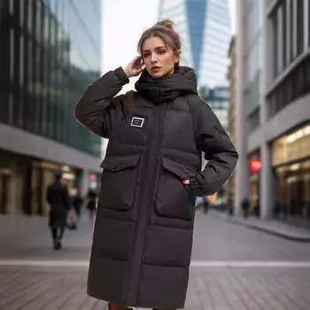 Пуховик женский с капюшоном свободный, средней и длинной длины, утолщенный белый утиный пух, теплая женская куртка с капюшоном S жёлтый