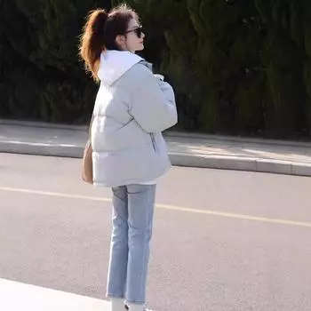 Down jacket women s short loose stand-up collar white duck down winter student bread jacket couple jacket S recommends 80-60 kg серо голубой