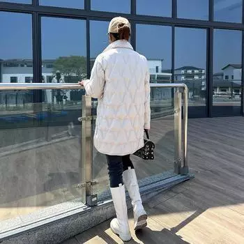Пуховик женский зимний новый 2024 легкий и тонкий прижимной клей средний и длинный ромб модный повседневный зимнее пальто M