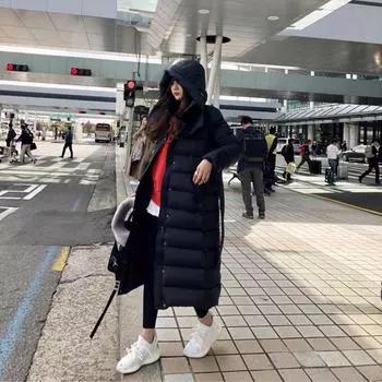 Down jacket women s winter new long over-knee waist thin hooded white duck down thickened coat S (recommended weight 80-50 kg) чёрный