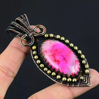 Довольно розовый дендрит опал драгоценный камень чистая медная проволока обернутая ювелирные изделия ручной работы кулон 3.54 Inches розовый