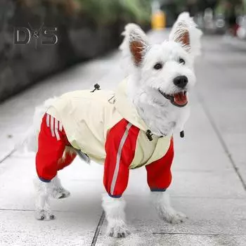 Дождевик для собак, водонепроницаемый дождевик с капюшоном, пончо с полным покрытием, светоотражающими полосками и отверстием для поводка для маленьких и средних собак S красный