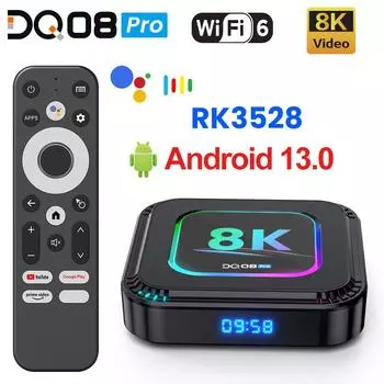 DQ08 Pro RGB Smart TV Box Android 13 RK3528 Quad Core Поддержка 8K видео 4K@60fps HDR10+ Dual Wifi6 BT5.0 Google Voice 2G16G чёрный