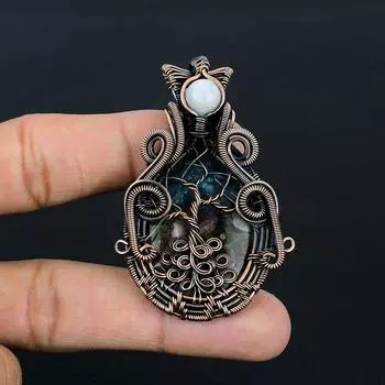 Драгоценные камни с арбузным турмалином и лунным камнем ручной работы, подвеска из чистой медной проволоки, обернутая ювелирными изделиями 2.56 Inches синий