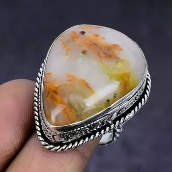 Драгоценный камень агат перья ручной работы из стерлингового серебра 925 пробы, подарочное ювелирное кольцо, размер 7 R6Q98