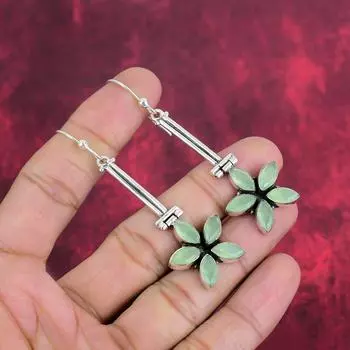 Драгоценный камень аква-халцедон из чистого серебра 925 пробы, ювелирные изделия ручной работы для нее, серьги из натурального аква-халцедона для нее 2.97 Inches зелёный