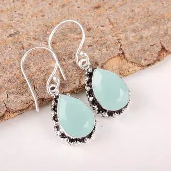 Драгоценный камень Аква Халцедон Ювелирные изделия из стерлингового серебра 925 пробы Серьги 1,41 Женский подарок EE-97-17
