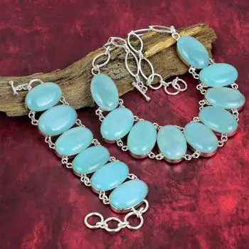 Драгоценный камень аква-халцедон, комплект ювелирных изделий из стерлингового серебра 925 пробы, ювелирный браслет и ожерелье ручной работы, удивительный комплект ювелирных изделий из натурального халцедона для нее Adjustable With 8 -18 синий