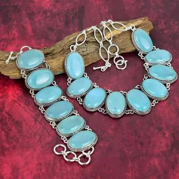 Драгоценный камень аква-халцедон, комплект ювелирных изделий из стерлингового серебра 925 пробы, ювелирный браслет и ожерелье ручной работы, удивительный комплект ювелирных изделий из натурального халцедона для нее Adjustable With 8 -18 синий