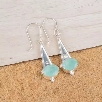 Драгоценный камень Аква Халцедон Серебро 925 пробы Ручной работы Серьги-подвески 1,80 EE-50-14