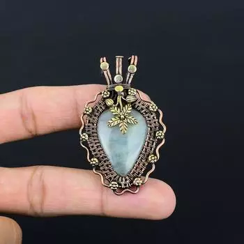 Драгоценный камень аквамарин ручной работы из чистой медной проволоки, обернутый кулоном, ювелирные изделия для женщин 2.56 Inches синий