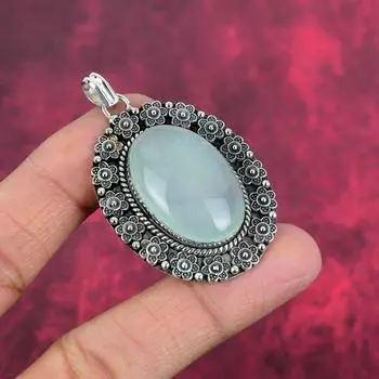 Драгоценный камень Aqua Chalcedony из чистого серебра 925 пробы, ювелирные изделия ручной работы для нее, прекрасная подвеска из халцедона для нее 2.20 inches синий