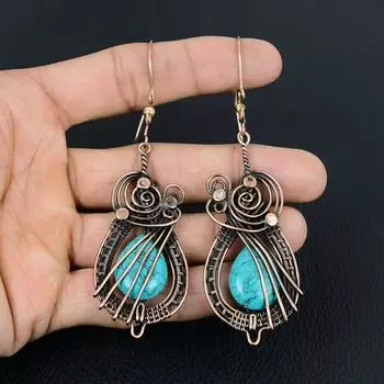 Драгоценный камень бирюза ручной работы из чистой медной проволоки, обернутый замечательными ювелирными серьгами 3.36 Inches синий