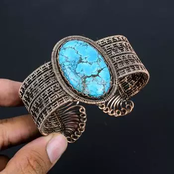 Драгоценный камень бирюзовый, чистая медная проволока, завернутая в манжеты/браслет ручной работы, регулируемые ювелирные изделия Adjustable синий