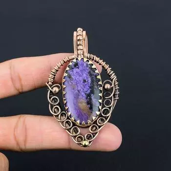 Драгоценный камень чароит ручной работы из чистой медной проволоки, завернутый в подвеску, ювелирное изделие на День памяти 2.95 Inches фиолетовый