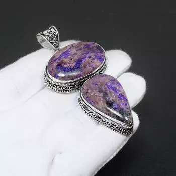 Драгоценный камень чароит ручной работы из стерлингового серебра 925 пробы ювелирный кулон натуральный двойной драгоценный камень чароит лечебный чароит ювелирный кулон для подарков 2.55 чёрный/фиолетовый