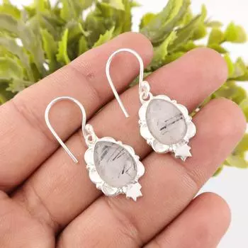 Драгоценный камень Черный Рутил Ювелирные изделия из стерлингового серебра 925 ручной работы Серьги 1,6 Для нее EE-163-27