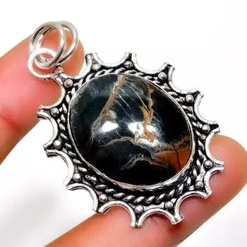 Драгоценный камень Черный тигровый глаз 925 посеребренная подвеска ручной работы 2,08 дюйма 2.08 чёрный