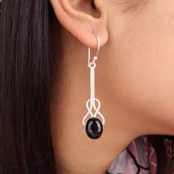 Драгоценный камень Черный Турмалин Ювелирные изделия из серебра 925 пробы Серьги ручной работы 1,76 EE-171-25