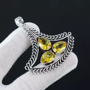 Драгоценный камень цитрин. Драгоценный камень высшего качества. Подвеска ручной работы. Подвеска из стерлингового серебра 925 пробы. Подвеска из антикварного серебра. Подвеска из трех камней для подарков. 2.36 жёлтый