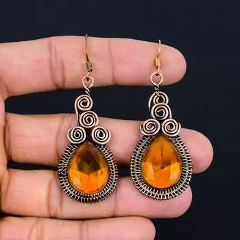 Драгоценный камень цитрин ручной работы из чистой медной проволоки, обернутые серьги, ювелирные изделия на День памяти 2.68 Inches жёлтый