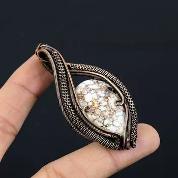 Драгоценный камень дикой лошади из чистой медной проволоки, обернутый дизайнерской подвеской ручной работы, ювелирные изделия для нее 2.80 Inches белый