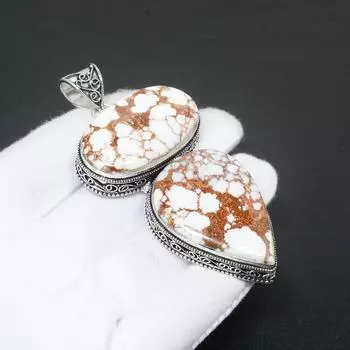 Драгоценный камень дикой лошади из яшмы, подвеска из стерлингового серебра 925 пробы ручной работы, натуральный антикварный кулон из яшмы из дикой лошади, двойной кулон из драгоценного камня дикой лошади для подарков 2.75 коричневый/белый