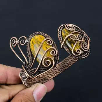 Драгоценный камень «Голубой тигровый глаз» из чистой медной проволоки, завернутый в манжеты/браслет ручной работы, ювелирные изделия Adjustable синий