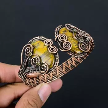 Драгоценный камень «Голубой тигровый глаз» из чистой медной проволоки, завернутый в манжету/браслет ручной работы, регулируемые ювелирные изделия Adjustable синий