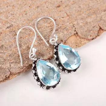 Драгоценный камень Голубой Топаз Небо 925 Стерлинговое Серебро Ручная работа Серьги-капли/подвески 1.41 EE-97-6