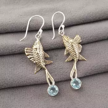 Драгоценный камень Голубой топаз Нежное серебро 925 пробы Этнические Висячие серьги-подвески Ювелирные изделия EE-148-2