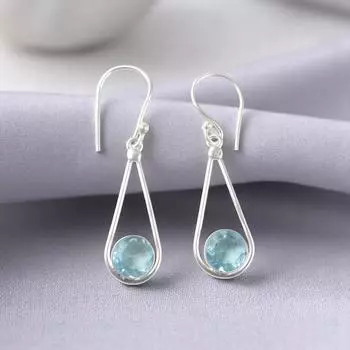 Драгоценный камень Голубой топаз Нежное серебро 925 пробы Ювелирные изделия Ручной работы Серьги-крючки 1,76 EE-126-9