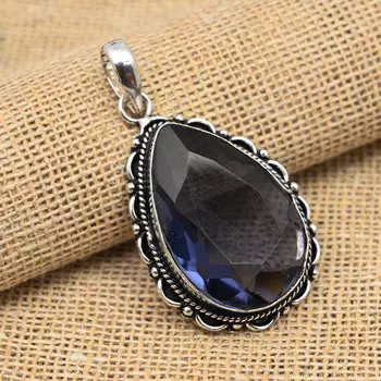 Драгоценный камень иолит ручной работы из стерлингового серебра 925 пробы Роскошный кулон для нее 1.77 Inches синий