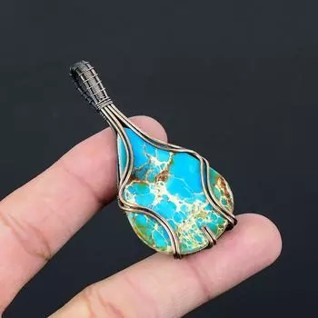Драгоценный камень из голубого морского осадка, чистая медная проволока, обернутая ювелирной подвеской ручной работы 2.64 Inches синий