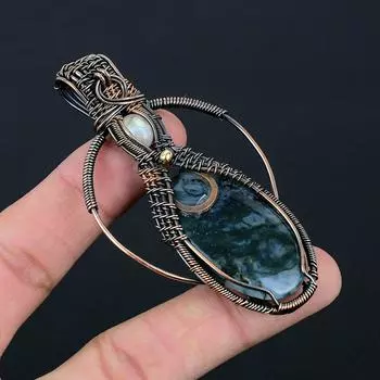 Драгоценный камень из кровавого и лунного камня, подвеска из медной проволоки ручной работы для женщин 3.23 Inches синий