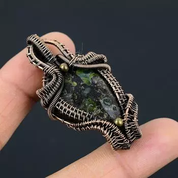 Драгоценный камень из кровавого камня, медная проволока, кулон ручной работы, ювелирный подарок 2.28 Inches зелёный