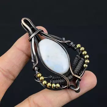 Драгоценный камень из лунного камня, чистая медная проволока, обернутая дизайнерской подвеской ручной работы, ювелирные изделия для подарка 2.95 Inches белый