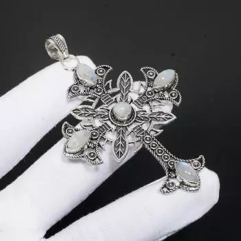 Драгоценный камень из лунного камня, подвеска из стерлингового серебра 925 пробы ручной работы, натуральный лунный камень, подвеска с крестом, подвеска из лунного камня, ювелирные изделия для подарков 2.75 белый