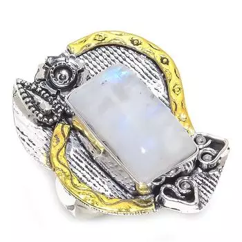 Драгоценный камень из натурального радужного лунного камня, двухцветное кольцо из стерлингового серебра 925 пробы, размер 8 j7W29