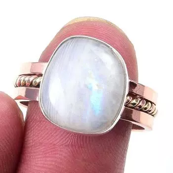 Драгоценный камень из натурального радужного лунного камня, двухцветное кольцо из стерлингового серебра 925 пробы, размер 9 T3Z21