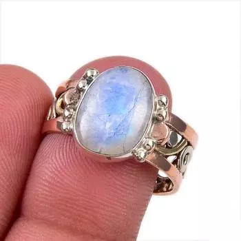 Драгоценный камень из натурального радужного лунного камня, двухцветное кольцо из стерлингового серебра 925 пробы, размер 9 H5f39