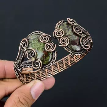 Драгоценный камень из яшмы с кровью дракона, чистая медная проволока, обернутая вручную манжета/браслет, регулируемые ювелирные изделия Adjustable зелёный