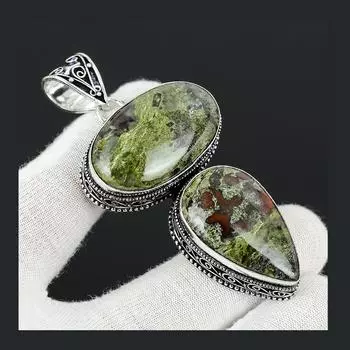 Драгоценный камень из яшмы с кровью дракона, стерлинговое серебро 925 пробы, ручная работа, ювелирный кулон с двойным камнем, антикварный кулон из натуральной яшмы с кровью дракона, кулон для подарков 2.95 зелёный/красный