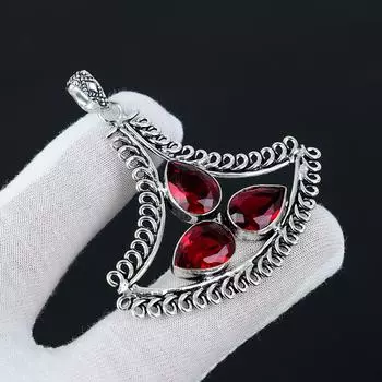 Драгоценный камень красного граната. Подвеска ручной работы из красного драгоценного камня высшего качества. Подвеска из стерлингового серебра 925 пробы, антикварная подвеска, подвеска из трех камней для подарков. 2.36 красный