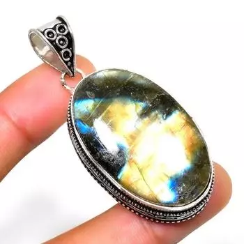 Драгоценный камень Лабрадорит 925 посеребренная подвеска ручной работы 2,27 дюйма 2.27 чёрный