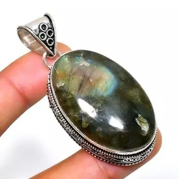 Драгоценный камень Лабрадорит 925 посеребренная подвеска ручной работы 2,27 дюйма 2.27 чёрный