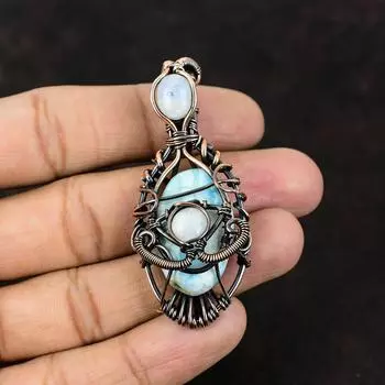 Драгоценный камень Ларимар, медный кулон в обертке, кулон ручной работы, кулон из лунного камня, ювелирное изделие сглаза, подарок для матери, медные ювелирные изделия из ларимара