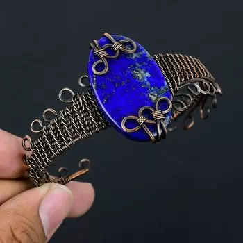 Драгоценный камень лазурит из чистой медной проволоки, завернутый в манжеты/браслет ручной работы, ювелирные изделия Adjustable синий