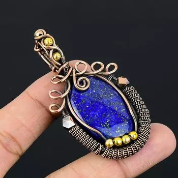Драгоценный камень лазурит из чистой медной проволоки, обернутый подвеской ручной работы, ювелирное изделие для нее 2.76 Inches синий