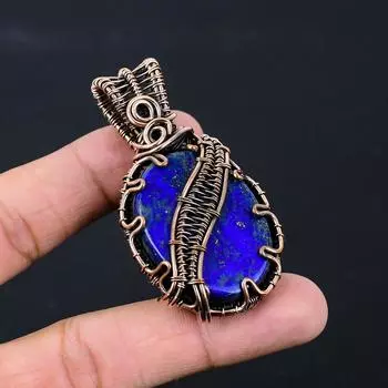 Драгоценный камень лазурит из чистой медной проволоки, завернутый в кулон ручной работы, ювелирный подарок для нее 2.76 Inches синий